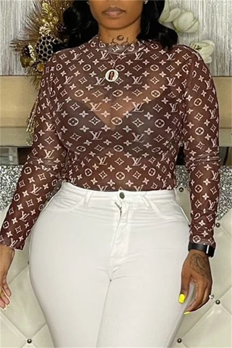 

Coffee Fashion Sexy Print See-through O Neck Tops