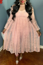 Pink Fashion Sexy Patchwork See-through O Neck Long Sleeve Dresses