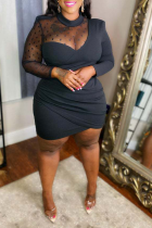 Black Sexy Print Mesh Half A Turtleneck Pencil Skirt Plus Size Dresses