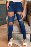 Black Fashion Casual Solid Ripped High Waist Jeans