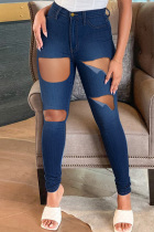 Deep Blue Fashion Casual Solid Ripped High Waist Jeans