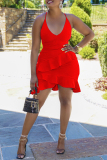 Red Fashion Sexy Solid Backless Flounce Spaghetti Strap Sleeveless Dress