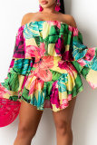 Yellow Fashion Print Backless Off the Shoulder Long Sleeve Regular Romper