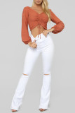 White Fashion Casual Solid Ripped High Waist Regular Jeans