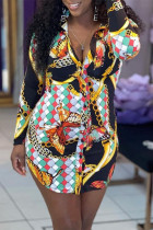 Black Fashion Casual Print Basic Turndown Collar Long Sleeve Dresses