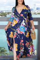 Blue Elegant Print Bandage Patchwork Slit V Neck Printed Dress Plus Size Dresses