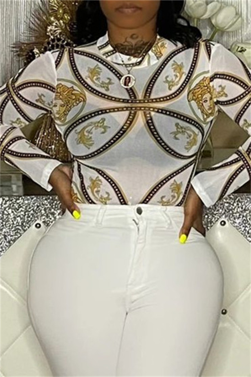 

White Fashion Sexy Print See-through O Neck Tops