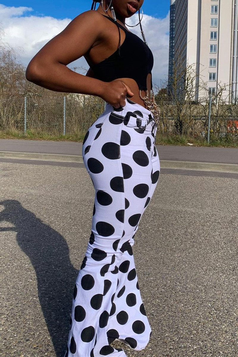 white polka dot trousers