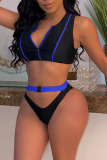 Blue Sexy Solid Hollowed Out Patchwork Zipper Swimwears