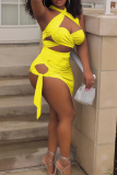 Yellow Fashion Sexy Solid Hollowed Out Halter Sleeveless Two Pieces