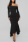 Black Fashion Off The Shoulder Long Sleeves One word collar Step Skirt Mid-Calf Solid Long Slee