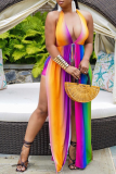 Rainbow Color Sexy Striped Patchwork Halter Sleeveless Two Pieces