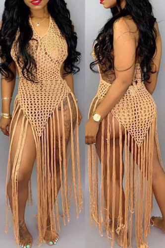Khaki Crochet Sleeveless Backless Halter Crossover Hollow Out Vacation Beach Tassel Bodycon Maxi Dress