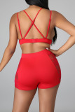 Red Sexy Solid Hollowed Out Make Old Mesh Spaghetti Strap Sleeveless Two Pieces