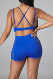 Royal Blue Sexy Solid Hollowed Out Make Old Mesh Spaghetti Strap Sleeveless Two Pieces