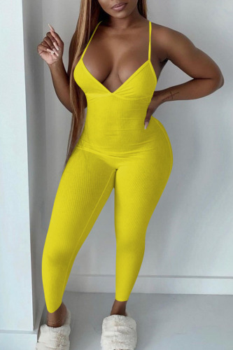 Yellow Sexy Solid Patchwork Spaghetti Strap Skinny Jumpsuits
