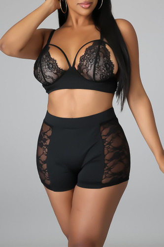 Black Sexy Solid Hollowed Out Make Old Mesh Spaghetti Strap Sleeveless Two Pieces