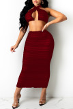 Burgundy Sexy Print Hollowed Out Patchwork Halter Pencil Skirt Plus Size Two Pieces