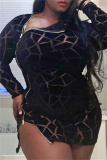Blue Fashion Sexy Plus Size Solid Hollowed Out See-through Zipper Collar Long Sleeve Dresses