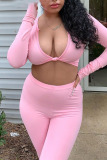 Pink Casual Solid Split Joint Knotted V Neck Long Sleeve Two Pieces