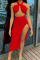 Red Sexy Solid Patchwork Backless High Opening Halter Sleeveless Two Pieces