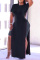 Black Fashion Casual Solid Slit O Neck Tops