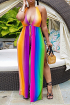 Rainbow Color Sexy Striped Split Joint Halter Sleeveless Two Pieces