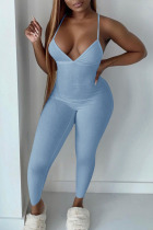 Blue Gray Sexy Solid Patchwork Spaghetti Strap Skinny Jumpsuits