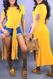 Yellow Fashion Casual Solid Slit O Neck Tops