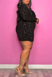 Black Fashion Sexy Plus Size Solid Hollowed Out See-through Zipper Collar Long Sleeve Dresses