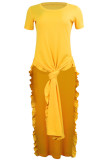 Yellow O Neck Short Sleeve Split Patchwork Solid Tees & T-shirts