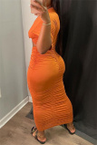 Orange Sexy Casual Solid Hollowed Out Fold O Neck Short Sleeve Dress