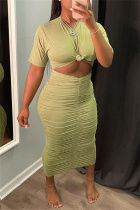 Light Green Sexy Casual Solid Hollowed Out Fold O Neck Short Sleeve Dress