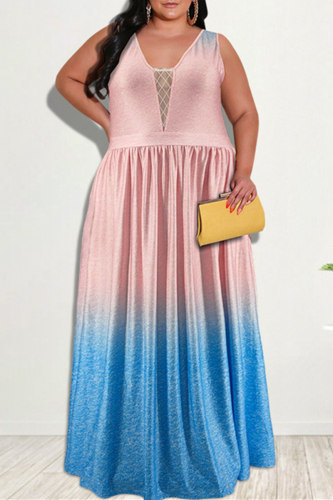 Pink Sexy Casual Gradual Change Print Patchwork V Neck Evening Dress Plus Size Dresses