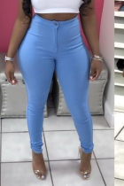 Baby Blue Sexy Solid Split Joint Skinny Mid Waist Pencil Solid Color Bottoms