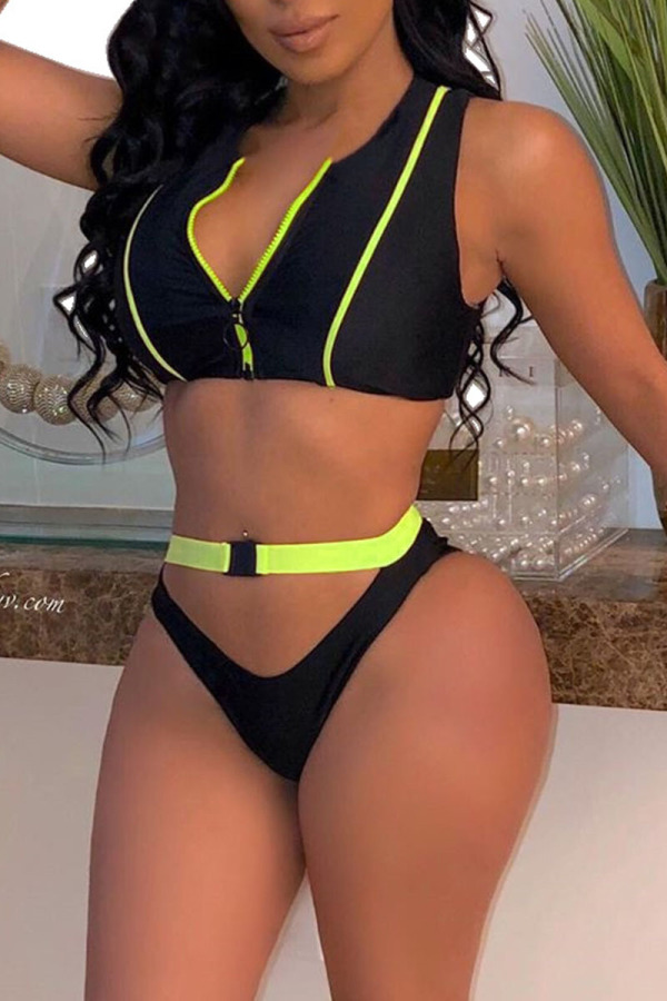 Green Sexy Solid Hollowed Out Patchwork Zipper Swimwears