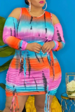 Colour Sexy Patchwork Tie-dye O Neck Pencil Skirt Plus Size Dresses