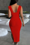 Red Elegant Solid Patchwork Fold Square Collar Pencil Skirt Dresses