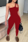 Red Sexy Solid Split Joint One Shoulder Skinny Jumpsuits