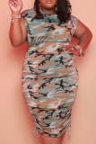 Camouflage Sexy Print Patchwork O Neck Pencil Skirt Plus Size Dresses