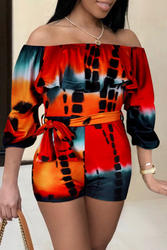 Red Orange Sexy Casual Print Backless Off the Shoulder Regular Romper