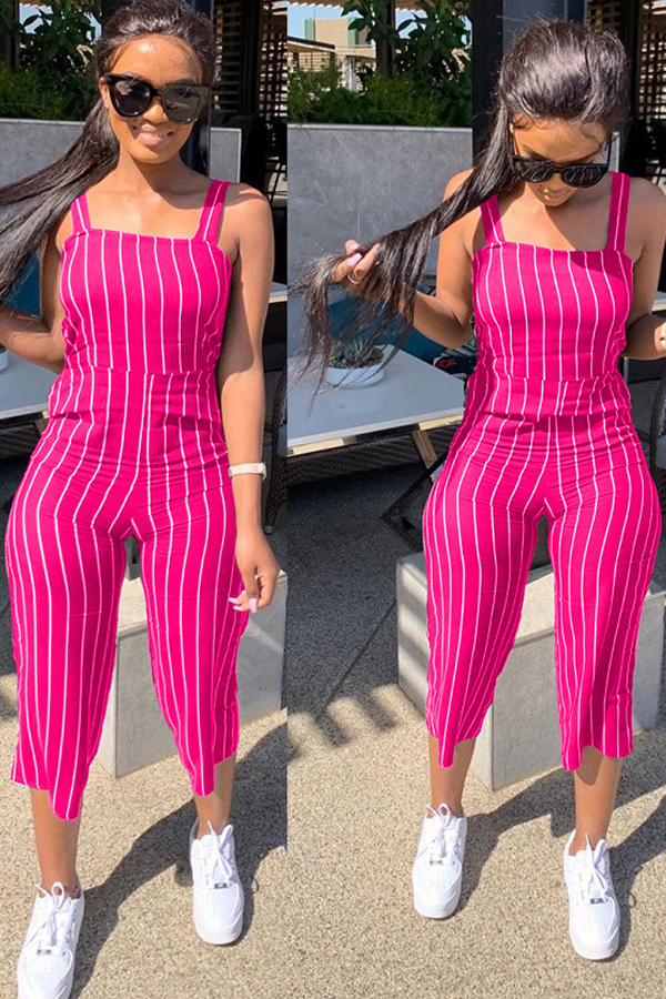 

rose red Casual Striped zipper Sleeveless Slip Rompers