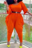 Tangerine Red Casual Solid Patchwork V Neck Plus Size Jumpsuits