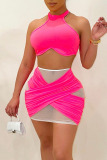 Pink Sexy Solid Patchwork See-through Halter Sleeveless Two Pieces