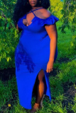Blue Sexy Solid Patchwork Spaghetti Strap Irregular Dress Plus Size Dresses
