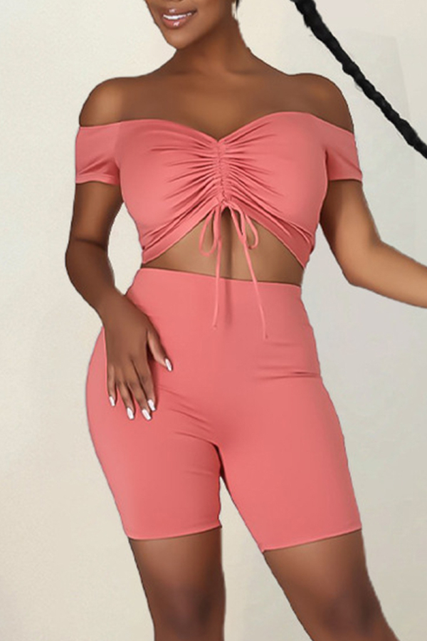 Pink Fashion Sexy Solid Bandage Backless Off the Shoulder Short Sleeve Two Pieces