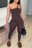 Black Sexy Solid Patchwork One Shoulder Skinny Jumpsuits