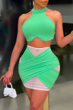 Green Sexy Solid Patchwork See-through Halter Sleeveless Two Pieces
