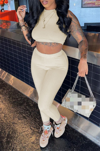 Khaki Sexy Casual Solid Basic O Neck Sleeveless Two Pieces