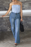 Light Blue Sexy Solid Draw String Plus Size Jeans